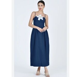 Fanm Mon LORR LINEN LATRICE DRESS Navy Flower Embroidered Pleated Pockets  $389